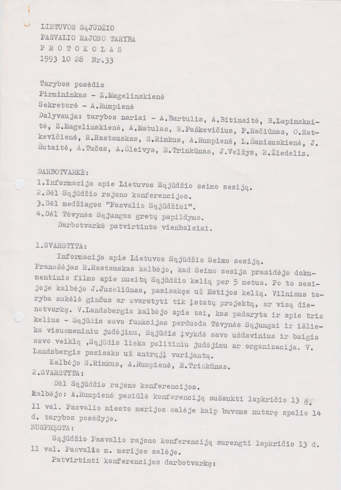 Lietuvos Sajūdžio Pasvalio rajono Tarybos 1993 m. spalio 28 d. posėdžio PROTOKOLAS Nr. 33